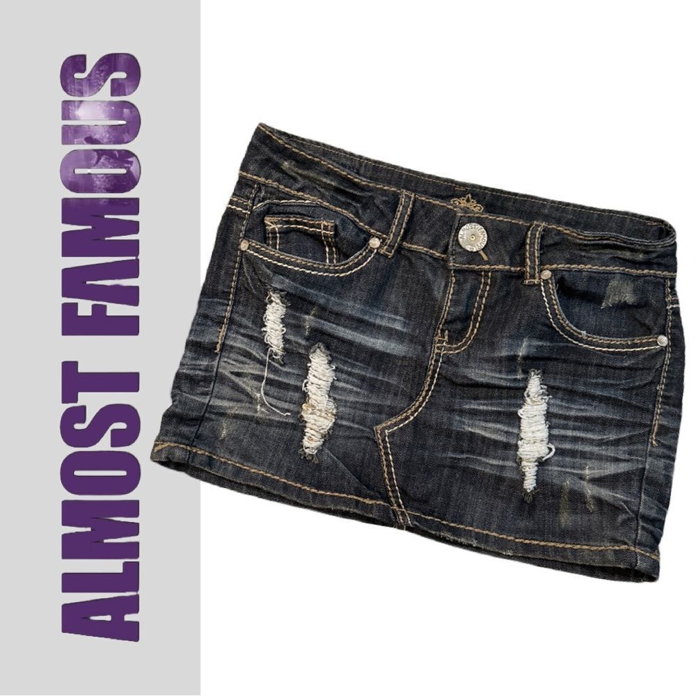 Almost Famous Junior Distressed Denim Embellished Skirt - Size 3